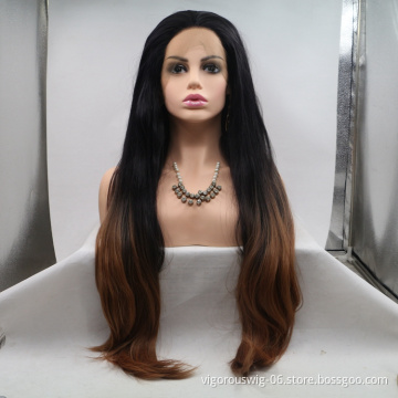 Vigorous ombre brown long straight premium high quality wholesale black women synthetic hair wigs with lace